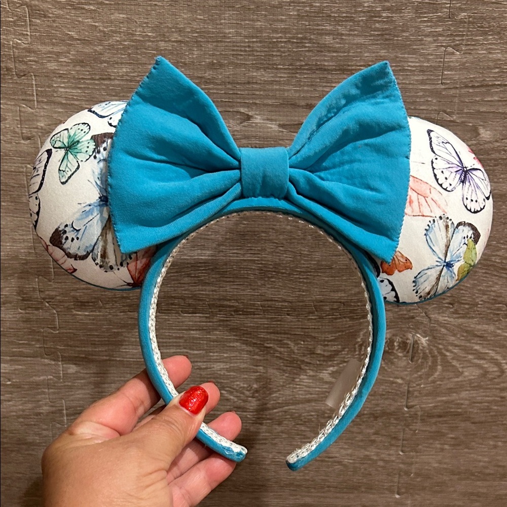 Second Chance Ears Minnie Ears – Butterfly Fabric, Turquoise Bow, One of a Kind